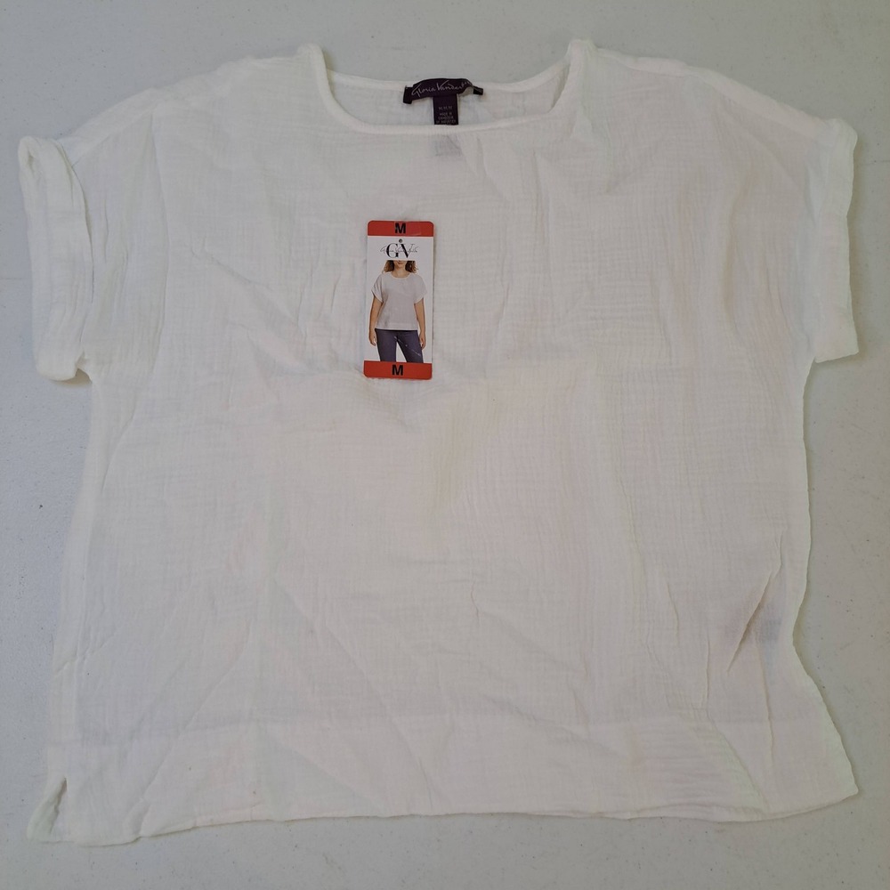 Gloria Vanderbilt Gauze Top Medium White NWT Short Sleeve Cotton Blouse 1573-182